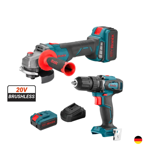 Combo Amoladora Angular 4 1/2" + Taladro Percutor 20V Inalámbrico Brushless RONIX