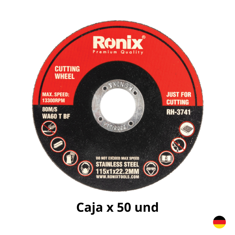 Disco De Corte Fino INOX 4.5 115x1.0x22.23mm Caja 50 Unidades RONIX RH-3741 Industrial Disco De Corte Fino INOX 4.5" 115x1.0x22.23mm Caja 50 Unidades RONIX RH-3741 Industrial - Imagen 1