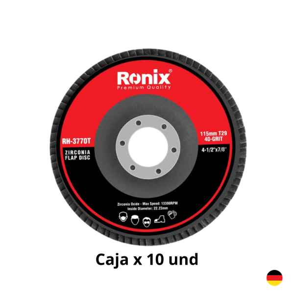 Disco Flap Zirconio 4.5" 115x10 mm T29-P40 Caja x10 Und RONIX RH-3770T INDUSTRIAL