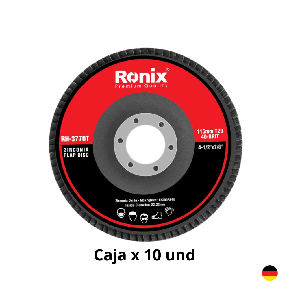 Disco Flap Zirconio 4.5 115 x 10 mm T29-P40 Caja 10 und RONIX RH-3770T (1) Disco Flap Zirconio 4.5" 115x10 mm T29-P40 Caja x10 Und RONIX RH-3770T INDUSTRIAL - Imagen 1